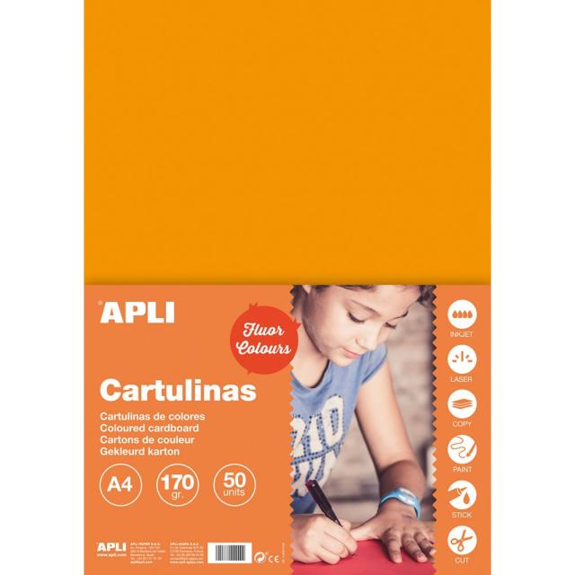 Carton color, Apli, A4, 170 g, 50 coli/top, portocaliu fluorescent