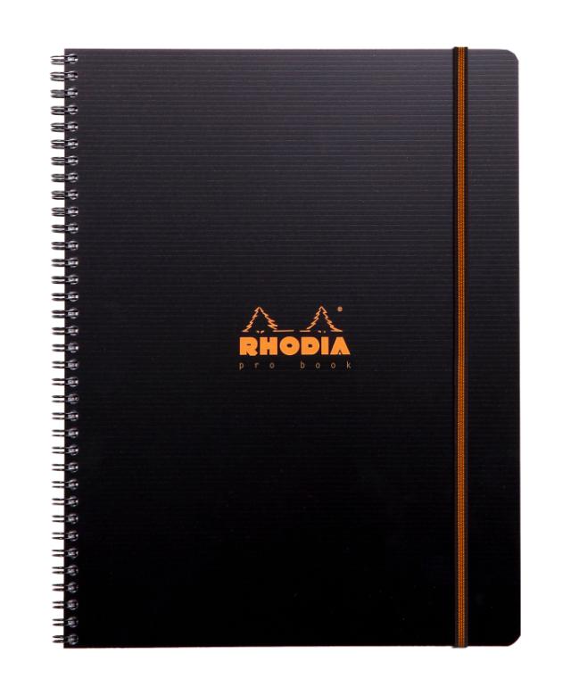 Caiet cu spira A4+ Rhodiactive Pro Book, 80 file, dictando, indosariere, PP, negru