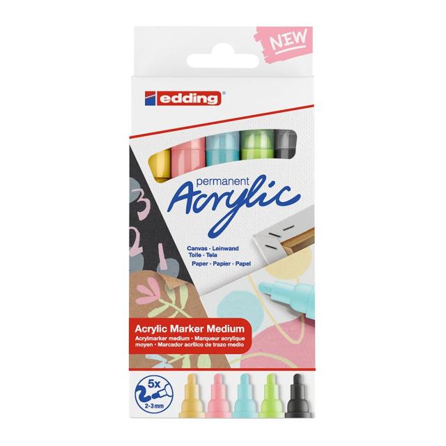 Set markere acrilice Edding 5100, varf 2-3 mm, culori pastel, 5 bucati/set