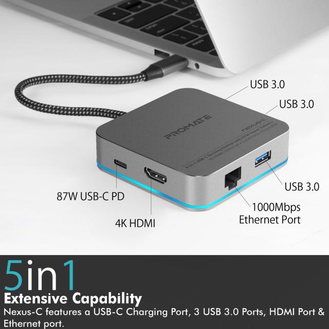 Hub USB Promate Nexus-C Type-C, 87W, Gri