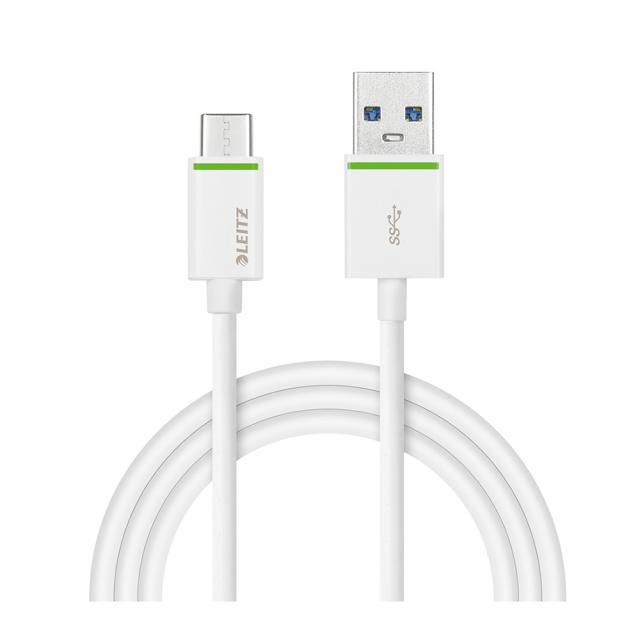 Cablu de date Leitz Complete tip USB-C la Micro USB, cu iesire pana la 2A, 1 m, alb