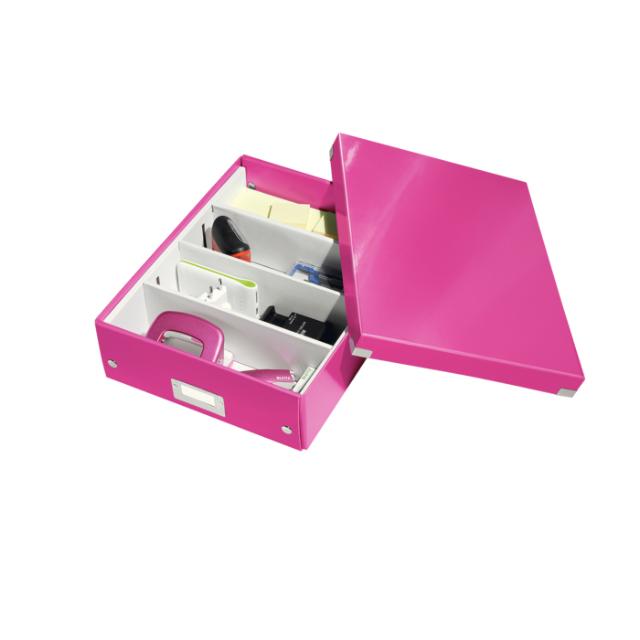 Cutie depozitare Leitz WOW Click & Store Organizer, carton laminat, medie, usor de asamblat, roz