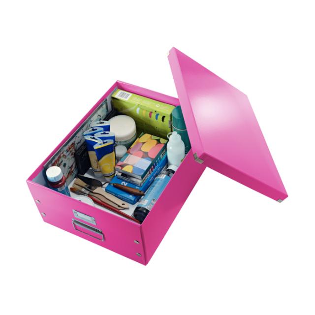 Cutie depozitare Leitz WOW Click & Store, carton laminat, mare, pliabila, roz