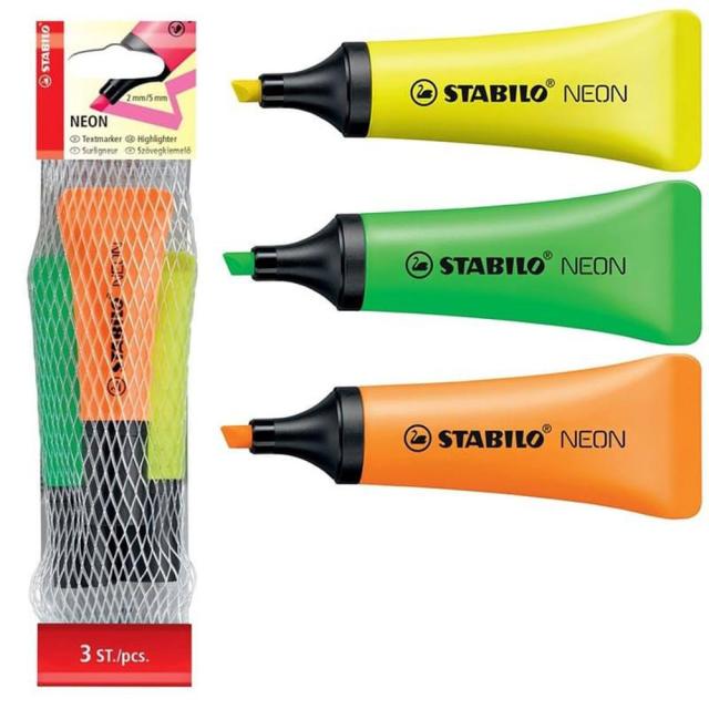Textmarker Stabilo Neon, 3 culori/set, plasa, galben, verde, portocaliu