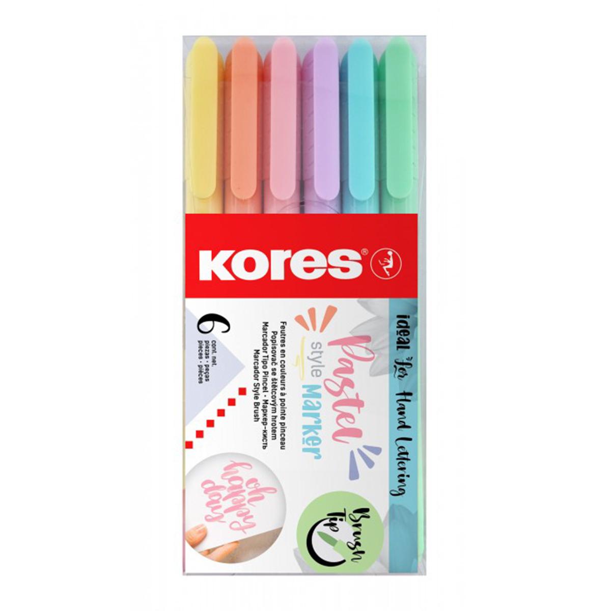 Set 6 markere permanente pastel Kores, varf tip pensula, in blister