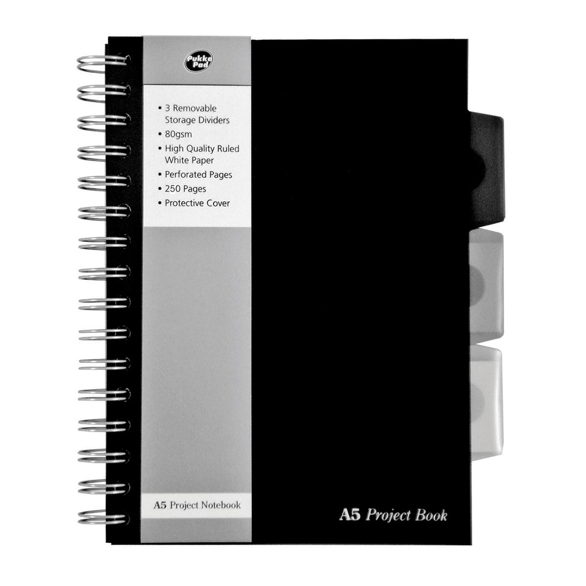 Caiet A5 cu spira si separatoare PukkaPads BPB, 250 file, matematica, coperta PP, negru