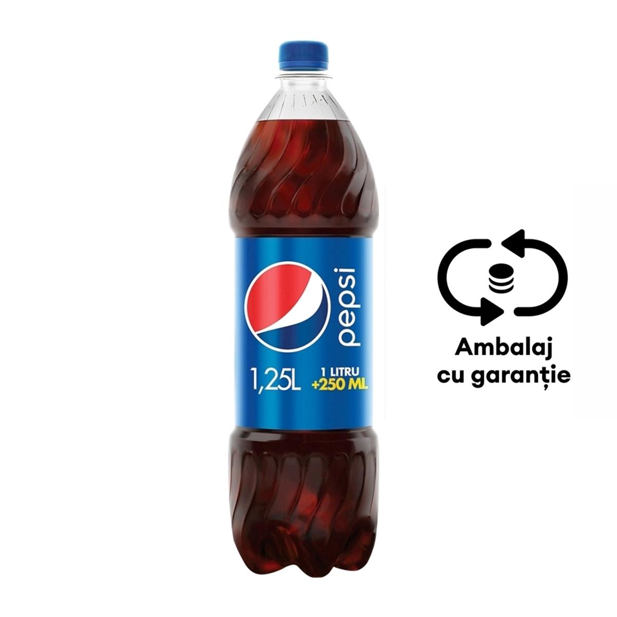 Bautura racoritoare carbogazoasa Pepsi, 1.25 l, 6 sticle/bax, eticheta SGR