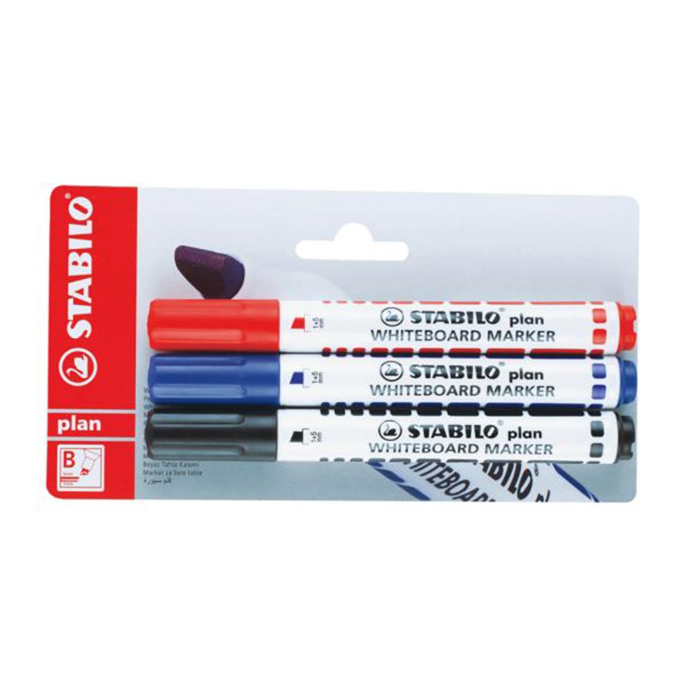 Marker pentru tabla Stabilo plan, varf tesit, 1 - 5 mm, 3 culori/blister, albastru, negru, rosu