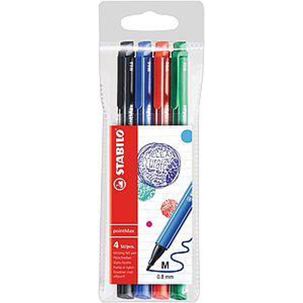 Fineliner Stabilo PointMax, varf 0.8 mm, set 4 culori, albastru, negru, rosu, verde, blister