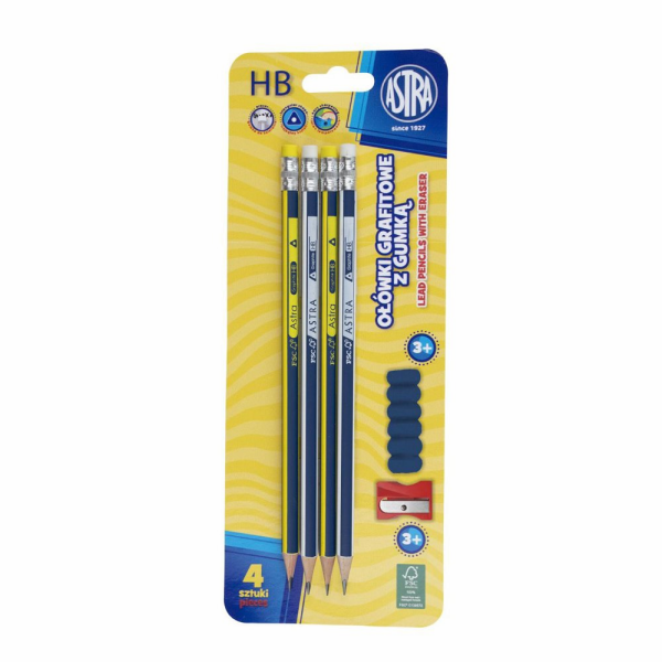 Set 4 creioane graphite Astra, cu radiera si ascutitoare