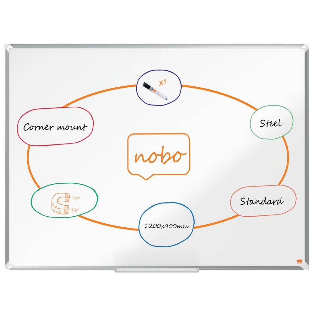 Tabla NOBO Premium Plus, otel lacuit, 120x90 cm, magnetica, include marker si tavita, alb