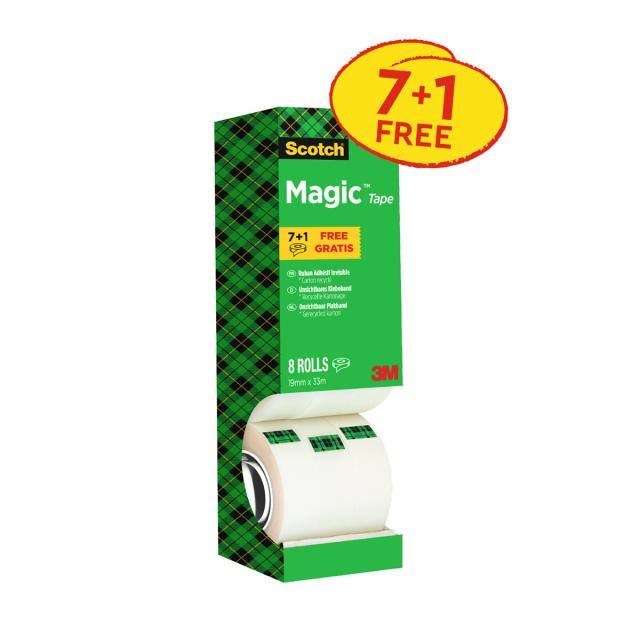 Banda adeziva invizibila mată 3M Scotch® Magic™, 19 mm x 33 m, 6 role + 2 gratis