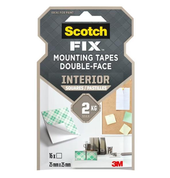 Benzi dublu adezive pretaiate montare interior Scotch-Fix™ 3M, albe, 25 x 25 mm, 16 bucati/pachet