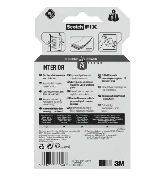 Benzi dublu adezive pretaiate montare interior Scotch-Fix™ 3M, albe, 25 x 25 mm, 16 bucati/pachet