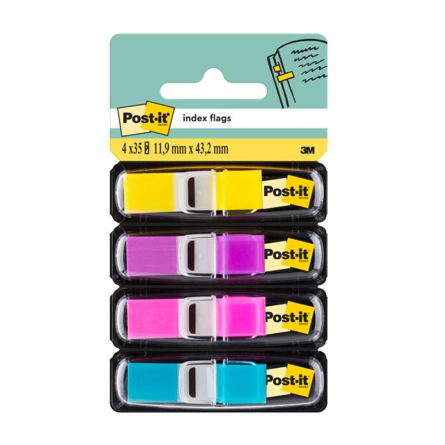 Index mini Post-it®, 11,9 mm x 43,2 mm, 4 culori asortate in dispenser, 24 file/culoare