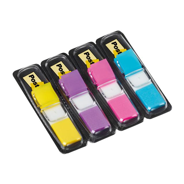 Index mini Post-it®, 11,9 mm x 43,2 mm, 4 culori asortate in dispenser, 24 file/culoare