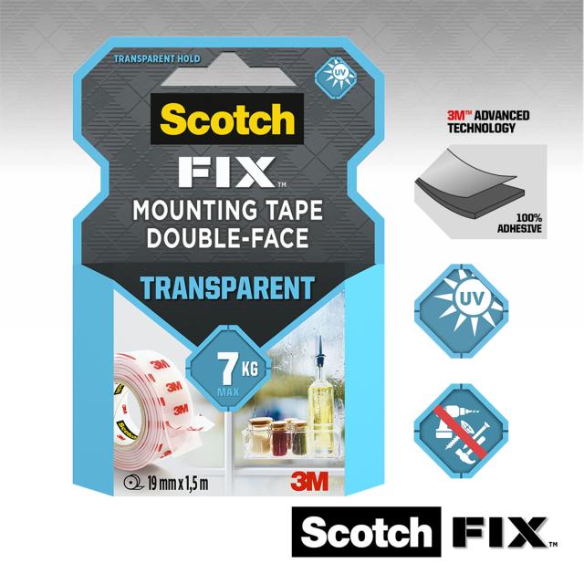 Banda dublu adeziva transparenta pentru montare Scotch-Fix™,19 mm x 1.5 m, 1 rola/pachet