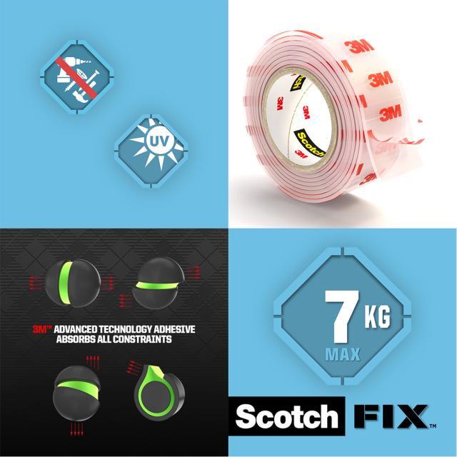 Banda dublu adeziva transparenta pentru montare Scotch-Fix™,19 mm x 1.5 m, 1 rola/pachet
