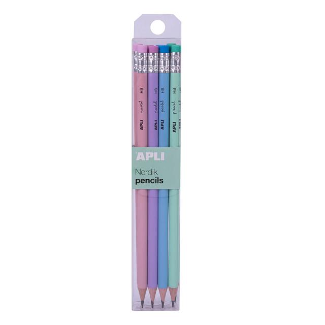 Display seturi 12 creioane Apli Nordik grafit, HB, cu radiera, 12 pachete/set
