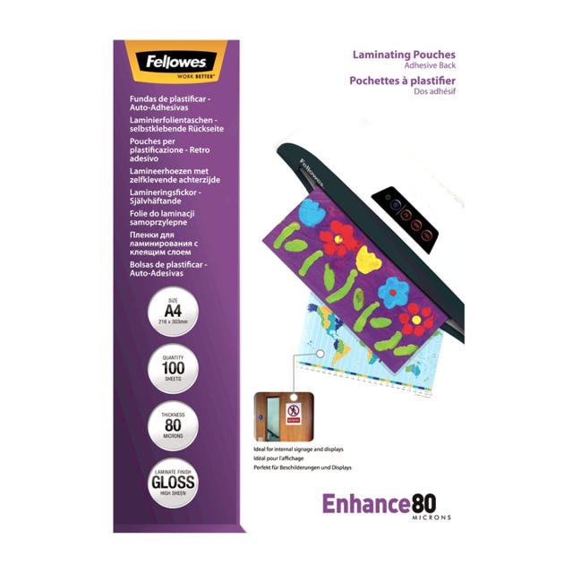 Folie laminare Fellowes, A4, spate adeziv, 80 microni, 100 bucati/set