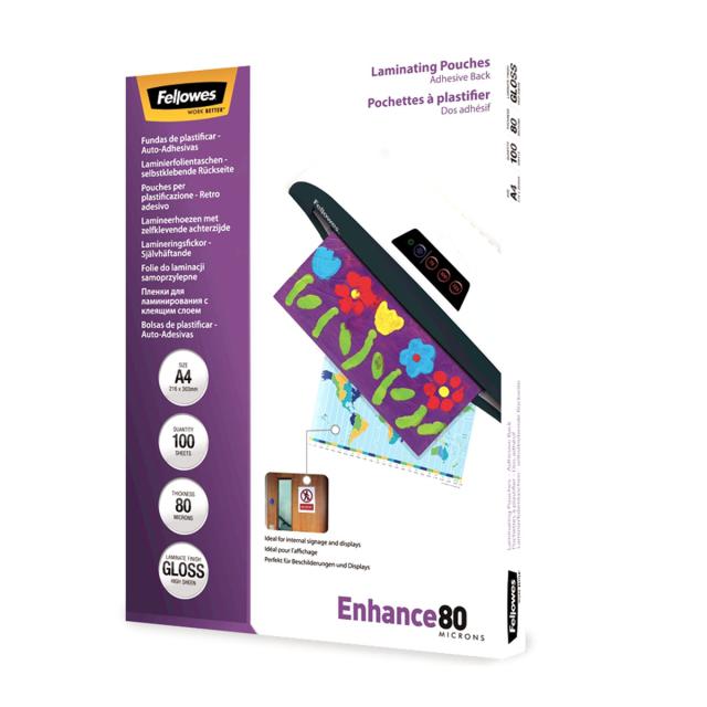 Folie laminare Fellowes, A4, spate adeziv, 80 microni, 100 bucati/set