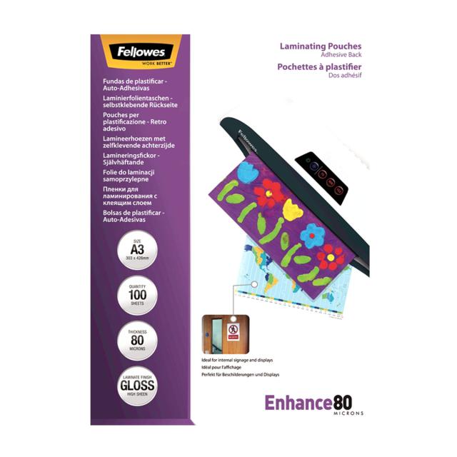 Folie laminare Fellowes, A3, spate adeziv, 80 microni, 100 bucati/set
