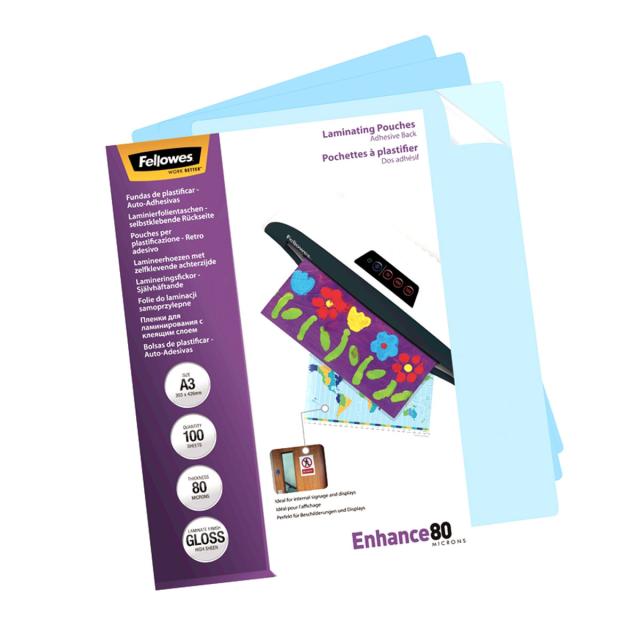 Folie laminare Fellowes, A3, spate adeziv, 80 microni, 100 bucati/set