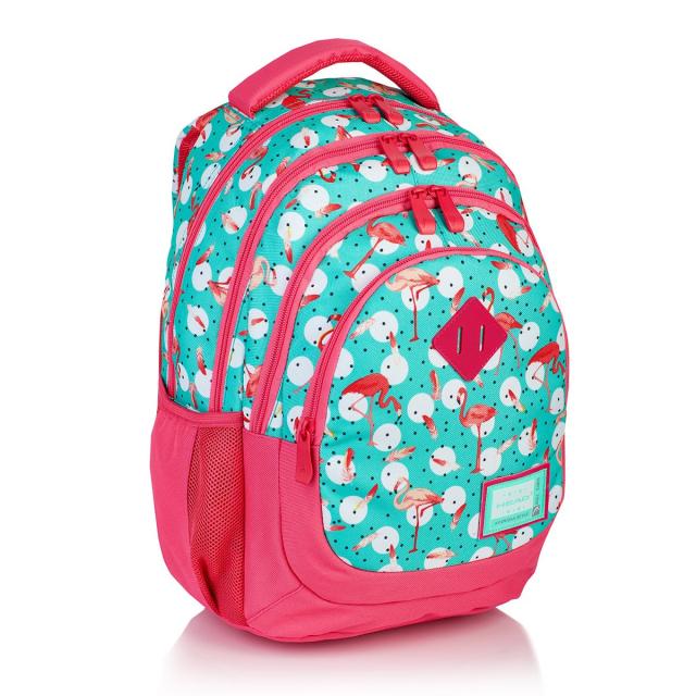 Ghiozdan Head HD-1119, 4 compartimente, turcoaz/roz, design flamingo