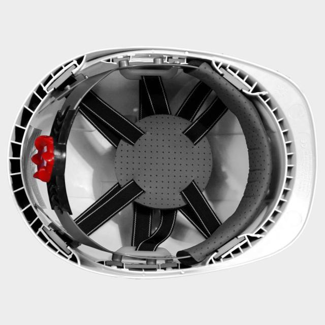 Casca de protectie ventilata STENSO, alba, cu rotita de fixare