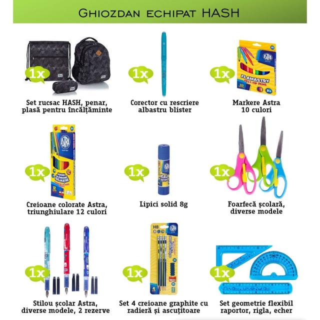 Ghiozdan echipat HASH, 11 componente