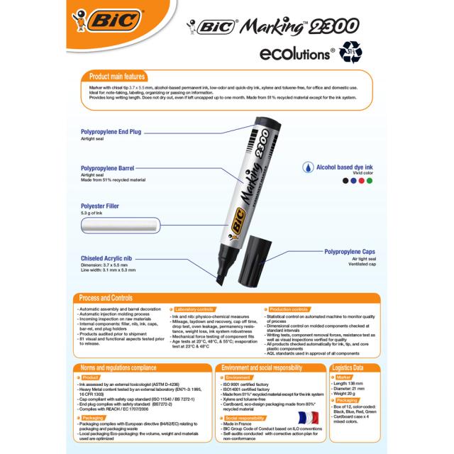 Marker permanent Bic 2300, varf tesit 3-5mm, negru, 12 bucati/cutie