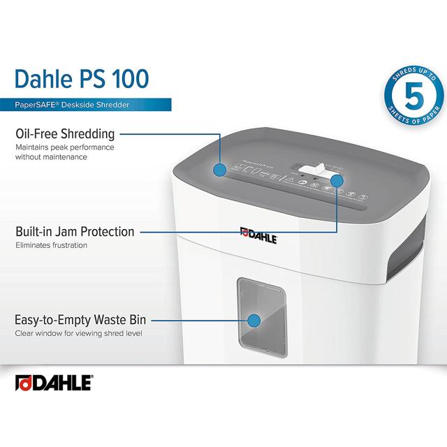 Distrugator de documente Dahle PaperSAFE PS 100, fara ulei, securitate P-4, maxim 5 coli, 12 l