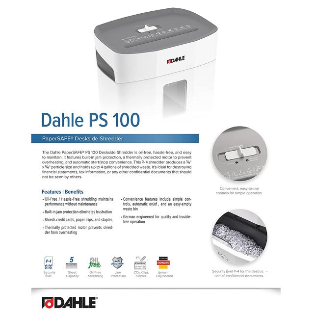 Distrugator de documente Dahle PaperSAFE PS 100, fara ulei, securitate P-4, maxim 5 coli, 12 l