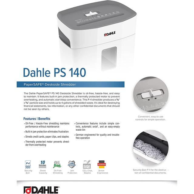Distrugator de documente Dahle PaperSAFE PS 140, fara ulei, securitate P-4, maxim 10 coli, 12 l