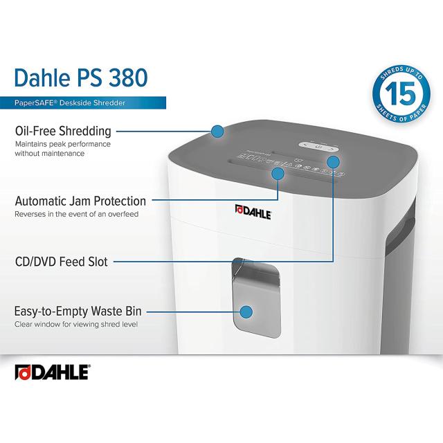 Distrugator de documente Dahle PaperSAFE PS 380, fara ulei, securitate P-4, maxim 15 coli, 25 l