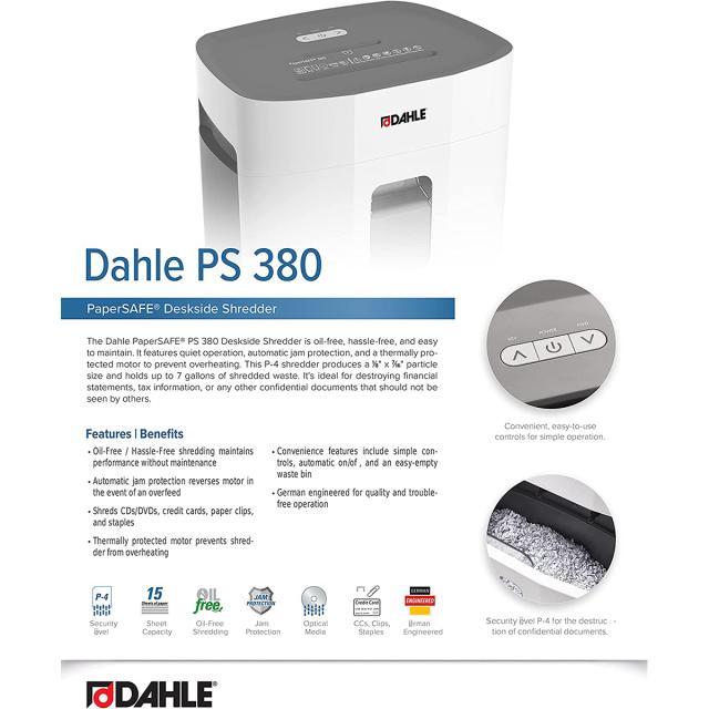 Distrugator de documente Dahle PaperSAFE PS 380, fara ulei, securitate P-4, maxim 15 coli, 25 l