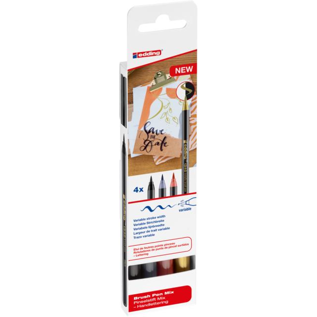 Set markere pensula Edding 1340, 4 culori, varf flexibil 1-6 mm, pentru scriere si desen