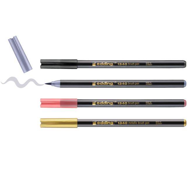 Set markere pensula Edding 1340, 4 culori, varf flexibil 1-6 mm, pentru scriere si desen