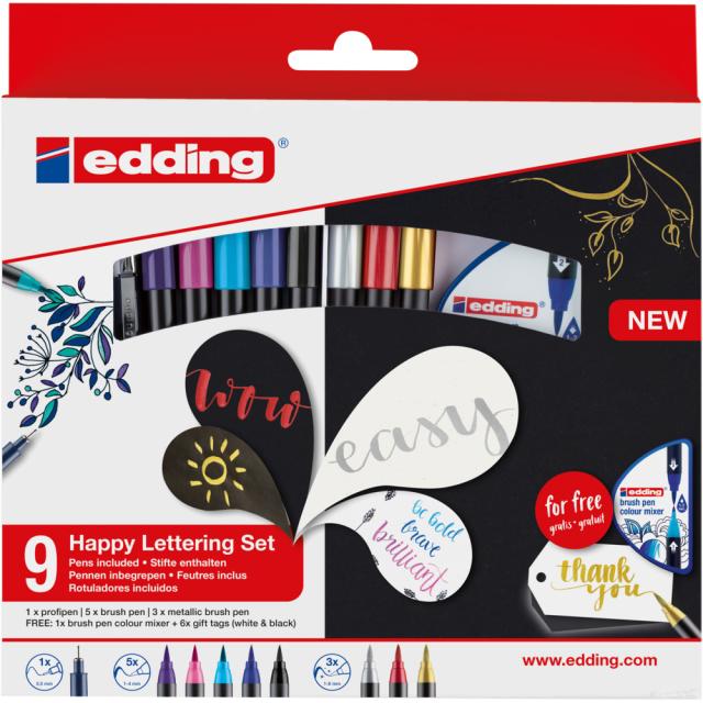 Set felicitari Edding Colour Happy, 9+2 piese, culori vii si metalice, include taguri cadou si mixer pensule 