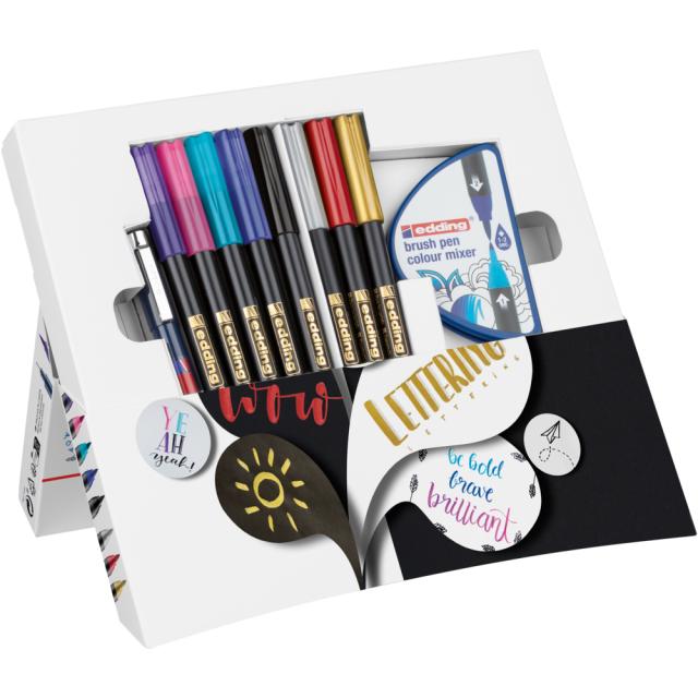 Set felicitari Edding Colour Happy, 9+2 piese, culori vii si metalice, include taguri cadou si mixer pensule 