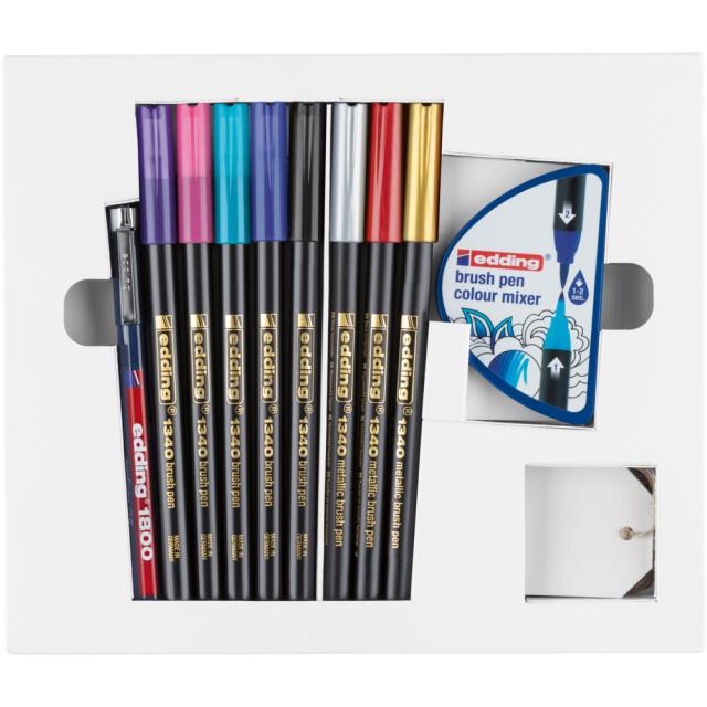 Set felicitari Edding Colour Happy, 9+2 piese, culori vii si metalice, include taguri cadou si mixer pensule 