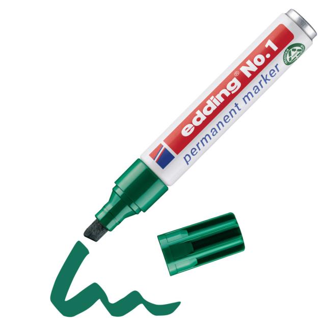 Marker permanent edding No. 1, corp din aluminiu reciclat, varf tesit, 1-5 mm, verde