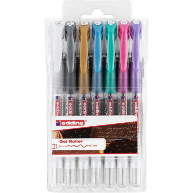 Roller gel edding 2185, varf 0.7 mm, set 7 culori, alb, auriu, argintiu, albastru metalic, verde metalic, roz metalic, violet metalic
