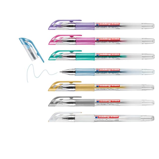 Roller gel edding 2185, varf 0.7 mm, set 7 culori, alb, auriu, argintiu, albastru metalic, verde metalic, roz metalic, violet metalic