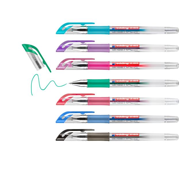 Roller gel edding 2185, corp din plastic, varf 0.7 mm, set 7 culori: negru, rosu, albastru, verde, violet, roz, albastru deschis