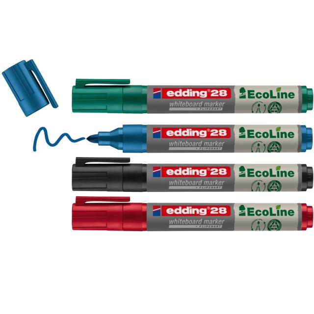 Marker pentru tabla Edding 28, ecologic, varf rotund, 1.5-3 mm, 4 culori/set (negru, rosu, albastru, verde)