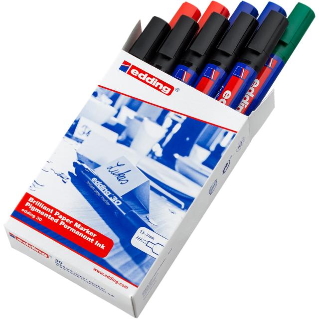 Marker pentru hartie edding 30, corp plastic, varf rotund, 1.5-3 mm, 5 negru, 2 rosu, 2 albastru, 1 verde