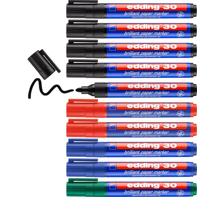 Marker pentru hartie edding 30, corp plastic, varf rotund, 1.5-3 mm, 5 negru, 2 rosu, 2 albastru, 1 verde