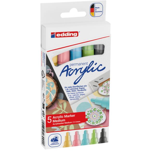 Set markere acrilice Edding 5100, varf 2-3 mm, culori pastel, 5 bucati/set