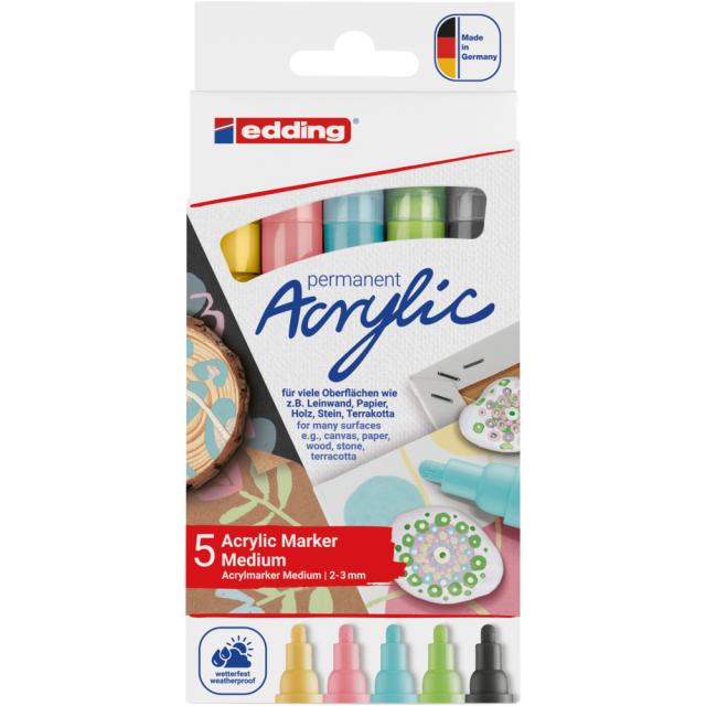 Set markere acrilice Edding 5100, varf 2-3 mm, culori pastel, 5 bucati/set